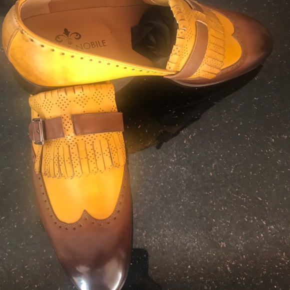 Mustard & brown wingtip slip on with fringe buckle